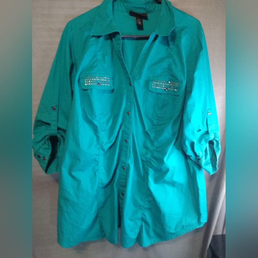 Lane Bryant Teal Plus Size Button-Up Women's Studded Pocket Blouse